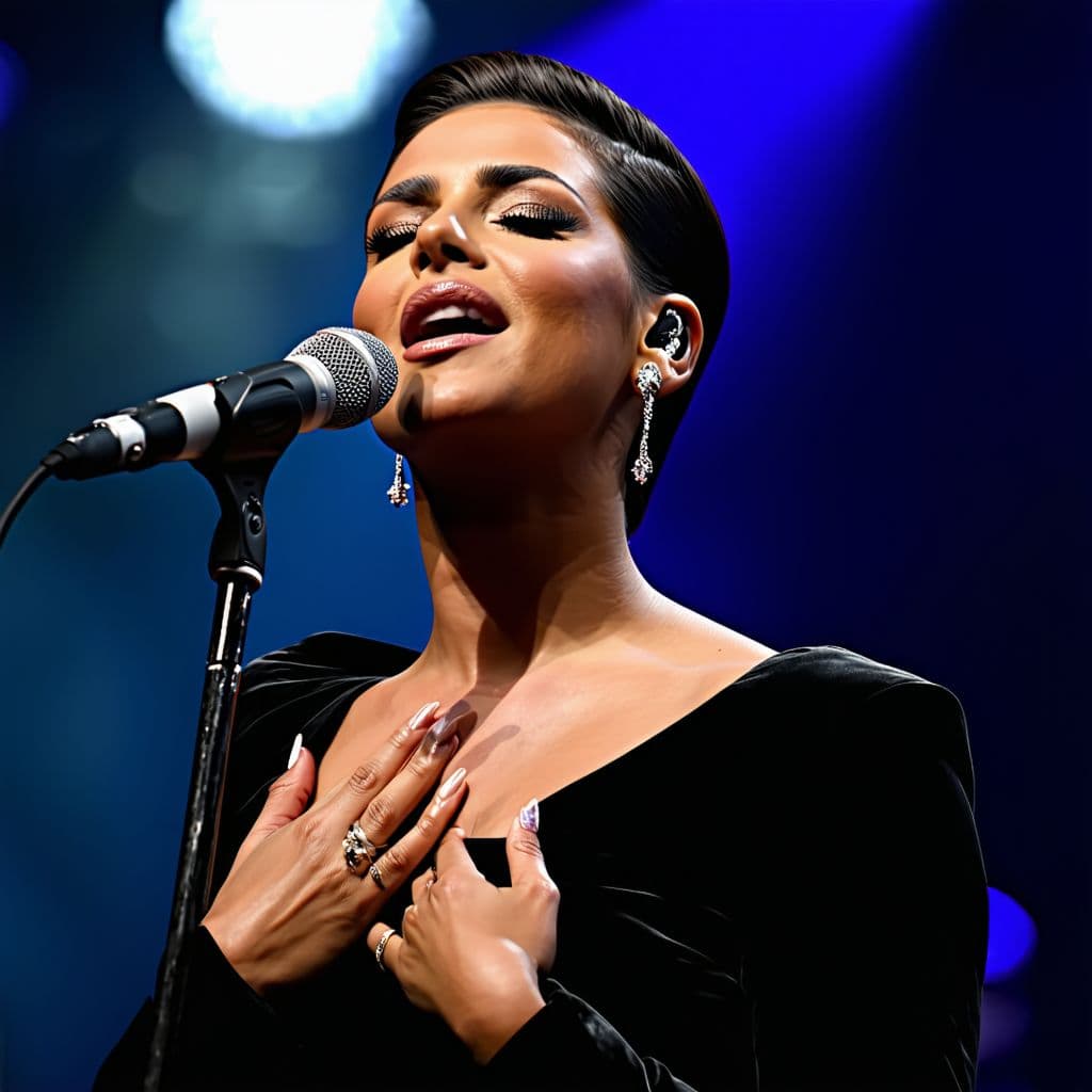 AI generated: Close-up of a powerful female singer on stage, in the style of Céline Dion, deeply focused and emoti...
