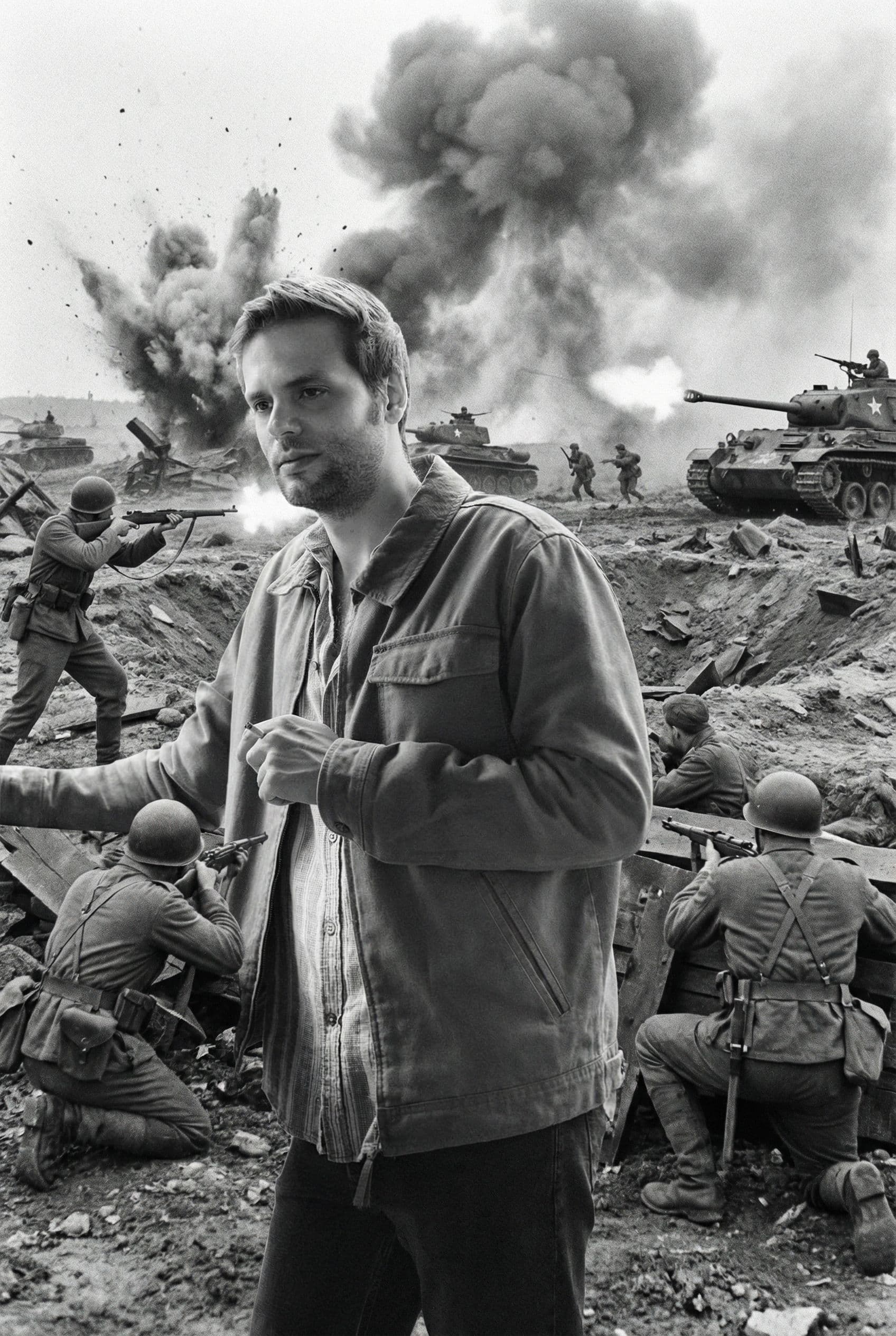AI generated: take the man from the back and put him with a WW2 combat in the background
