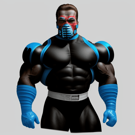 AI generated: ARNOLD SCHWARZENEGGER  He is IN A physically strong and wears a Mexican wrestlers mask BLUE,BLACK AN...