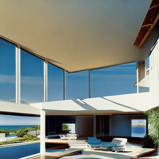 AI generated: Hyper realistic eye level exterior photo of a mid century modern style house overlooking the ocean, ...