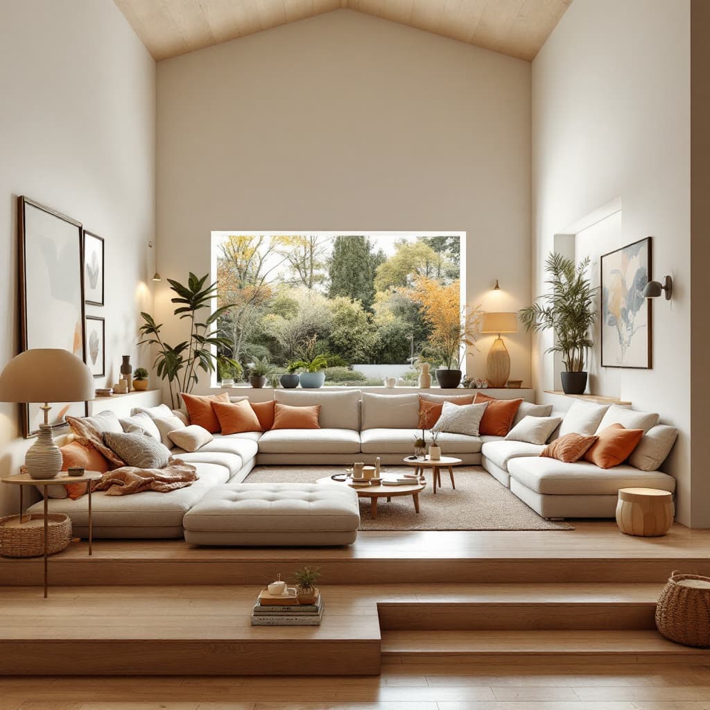 AI generated: High resolution photography interior design, dreamy sunken living room conversation pit, wooden floo...