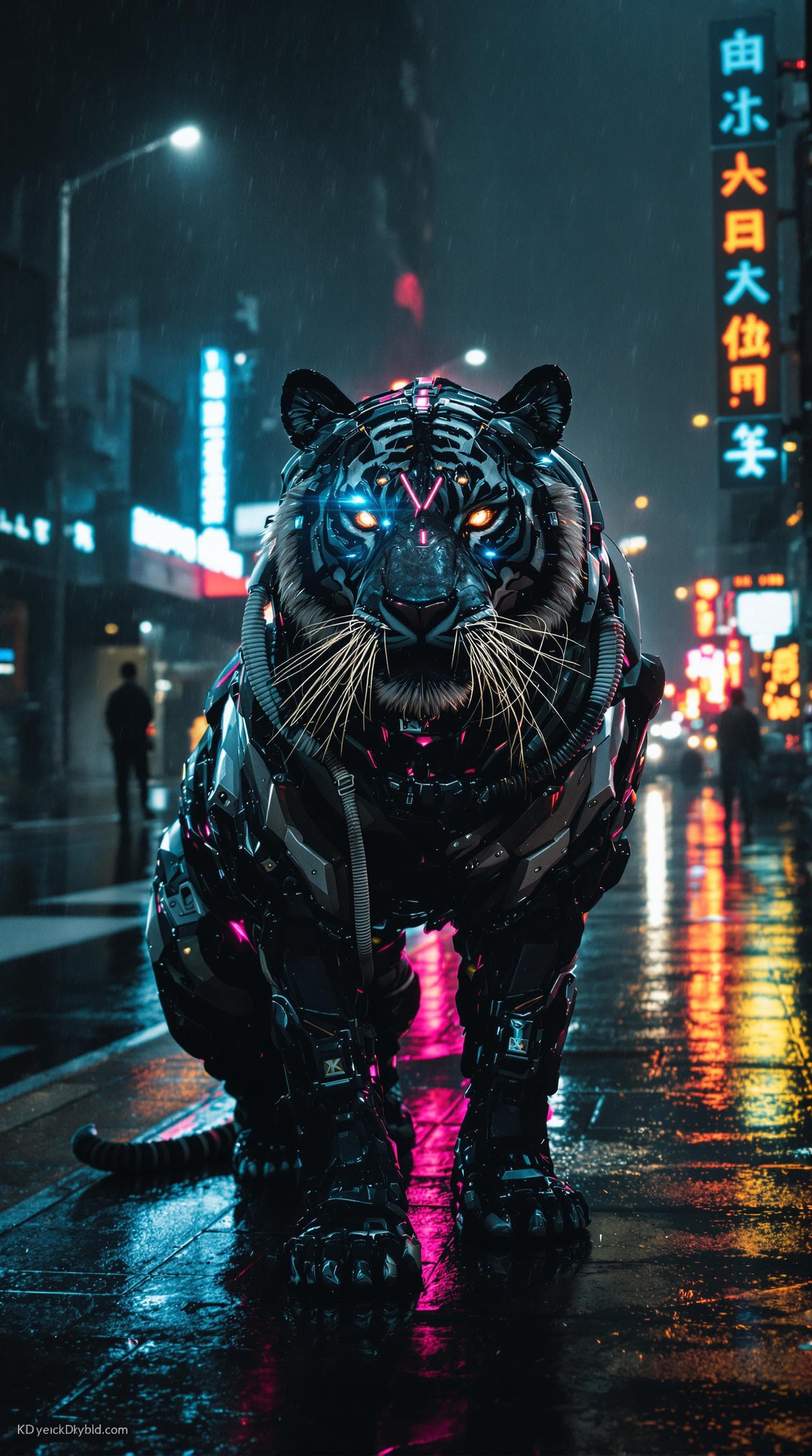 AI generated: Cyborg version of a tiger in Hi-tech new armour. Posing In dark rainy Dystopian city, on an empty st...