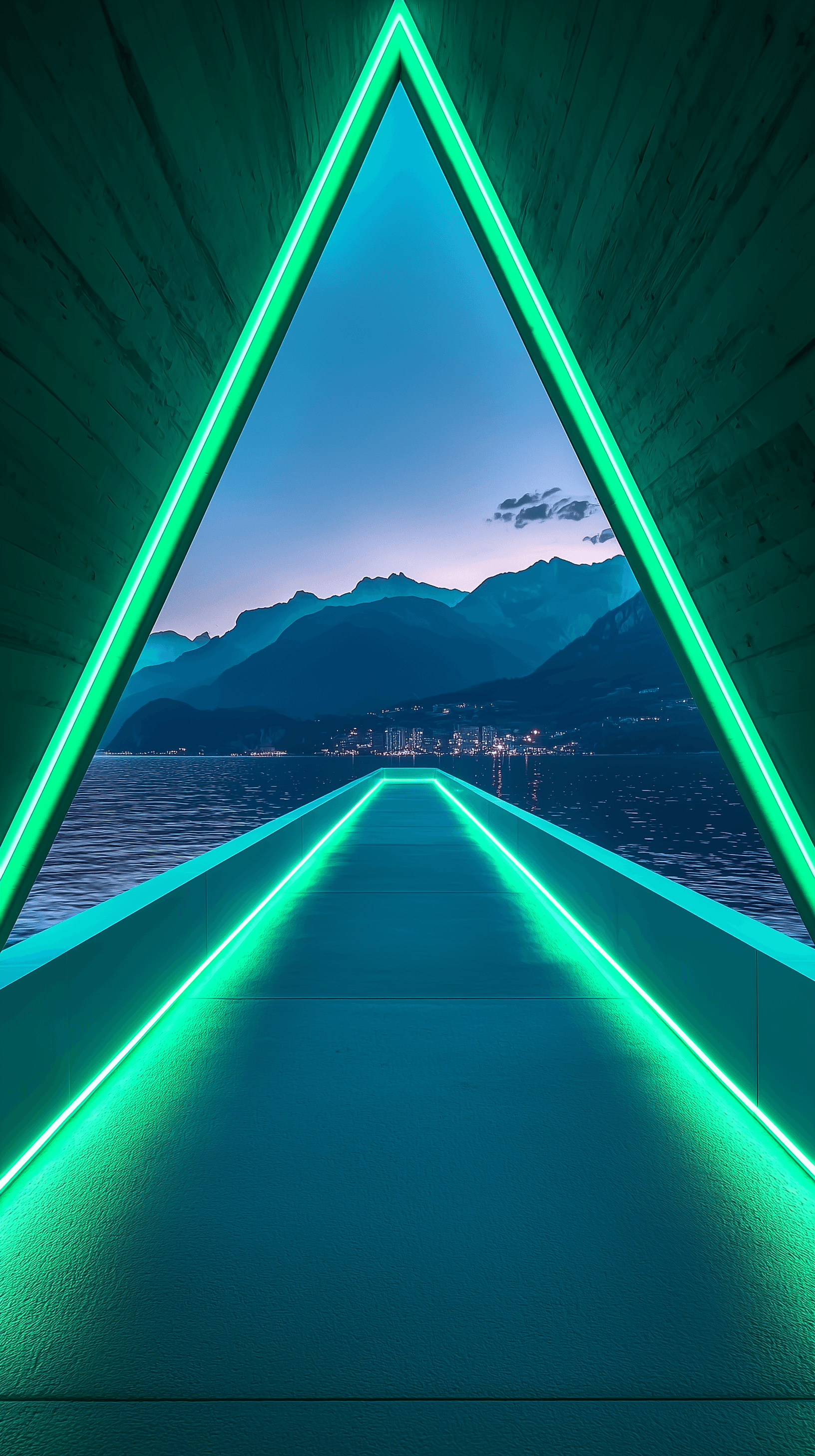 AI generated: futuristic corridor, neon green illumination, geometric white walls, mountain vista framed view, sun...
