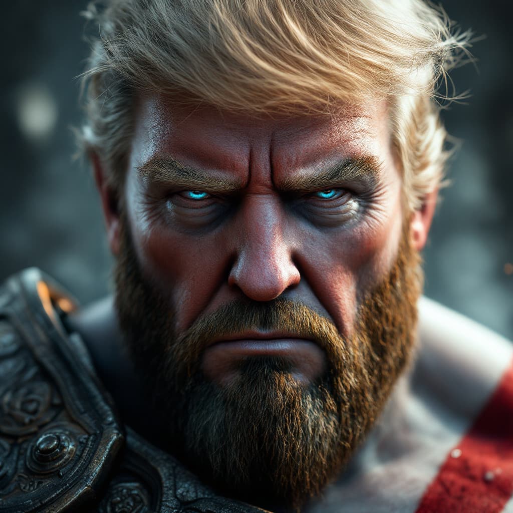 AI generated: Close-up portrait of God of War Kratos replaced with Trump's face, surrealism, epic composition, bru...