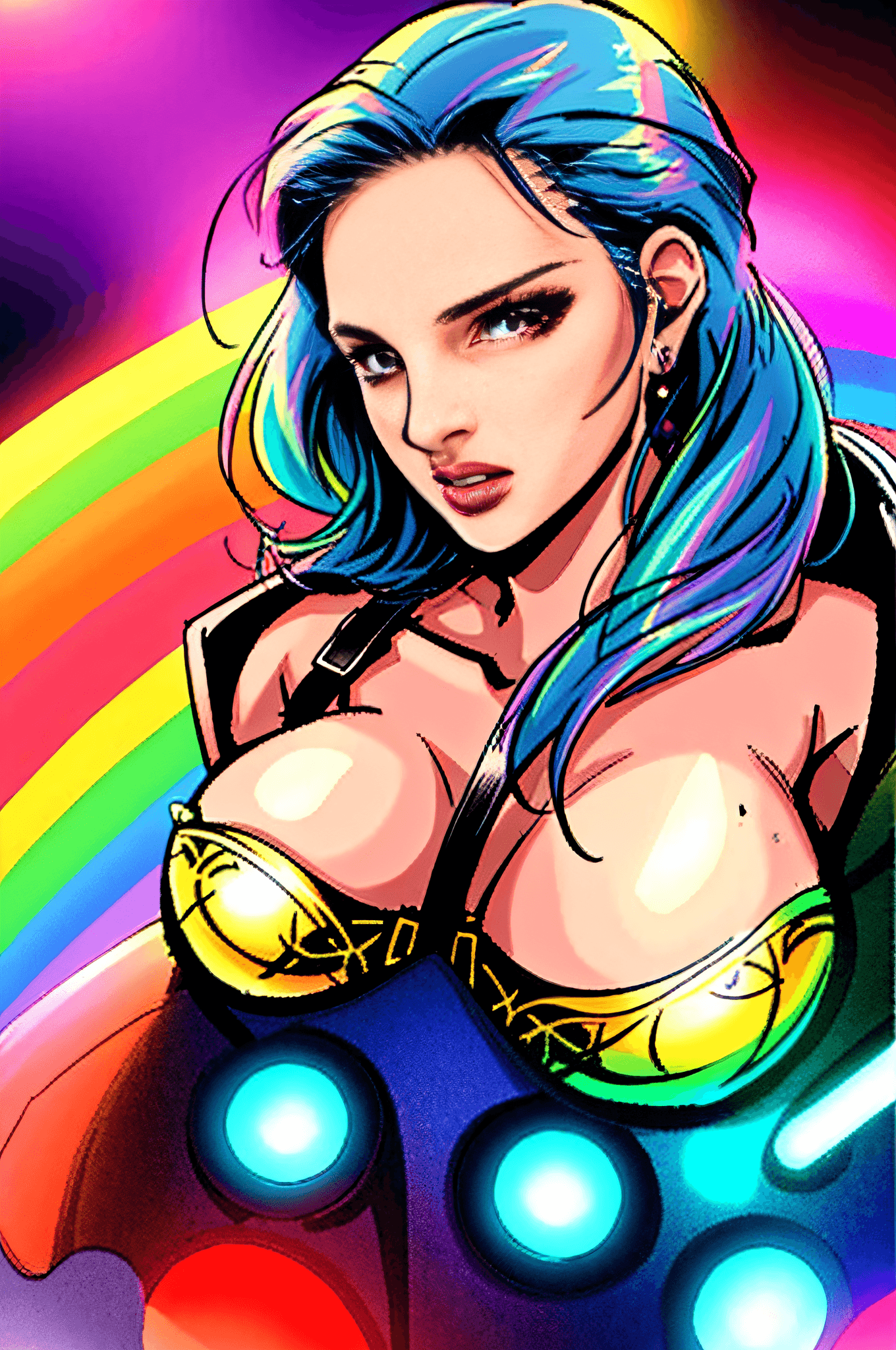 AI generated: sexy woman portrait full of colorful rainbow dust which is glowing; her hair is also glowing rainbow...