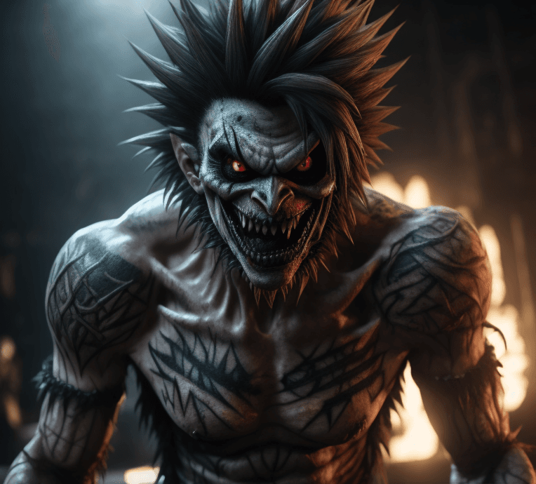 AI generated: Realistic Ryuk from Death Note with tattoos, (detailed stunning environment), cinematic, cover art, ...
