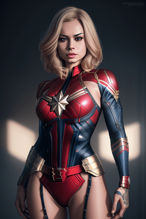 AI generated: shemale dressed as CAPTAIN MARVEL, nude, (((topless))), metal lingerie, tattoos, (full body visible)...