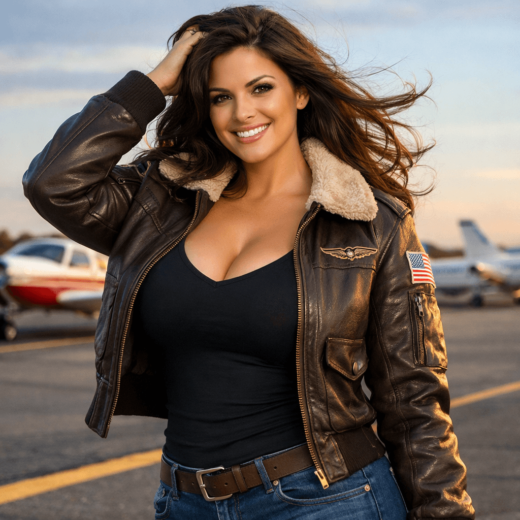 AI generated:  a happy 30 year old woman with very female shapes,
wearing a leather pilot jacket and a tight blous...