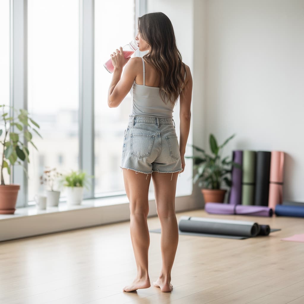 AI generated: seen from behind, woman drinking pink bevarage , standing in yoga room and wearing her denim hotpant...