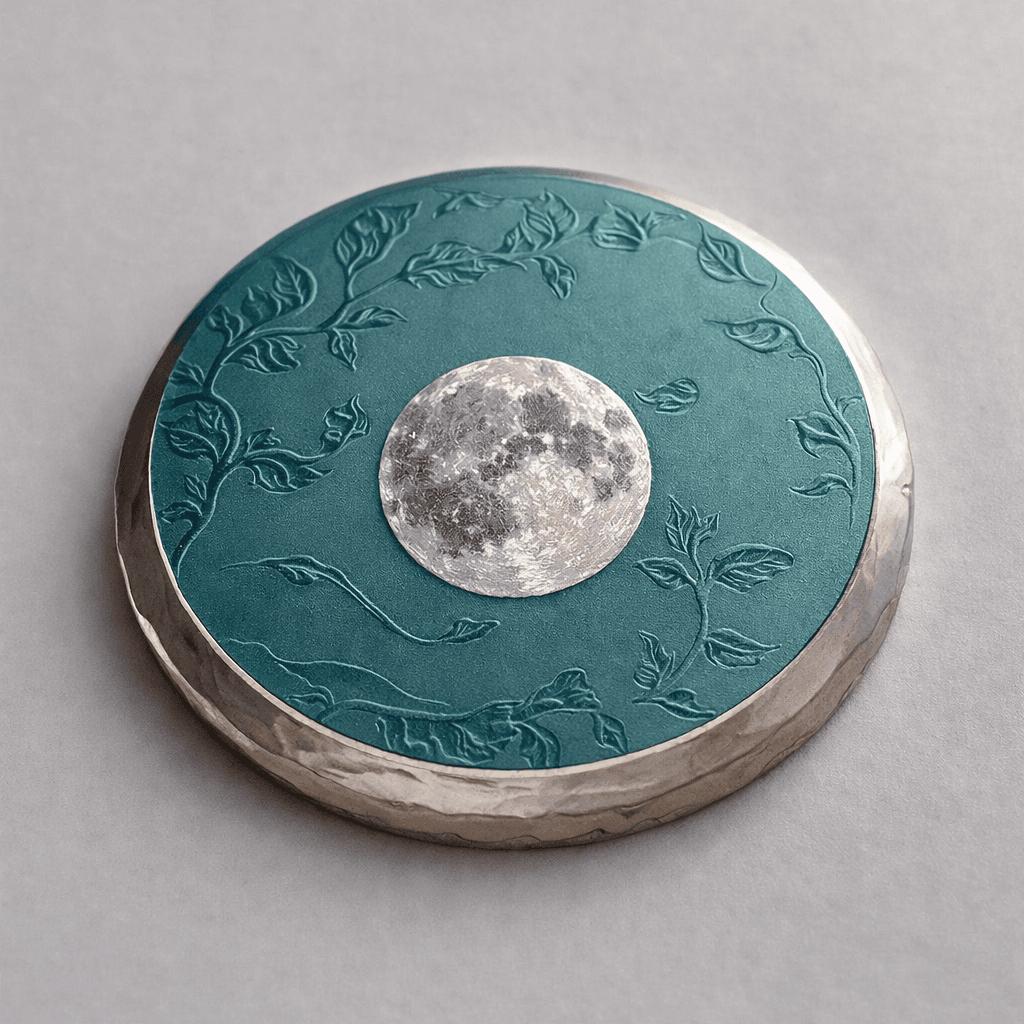 AI generated: a Teal coin with a silver edge and a silver moon in the middle of it with plant like designs engrave...