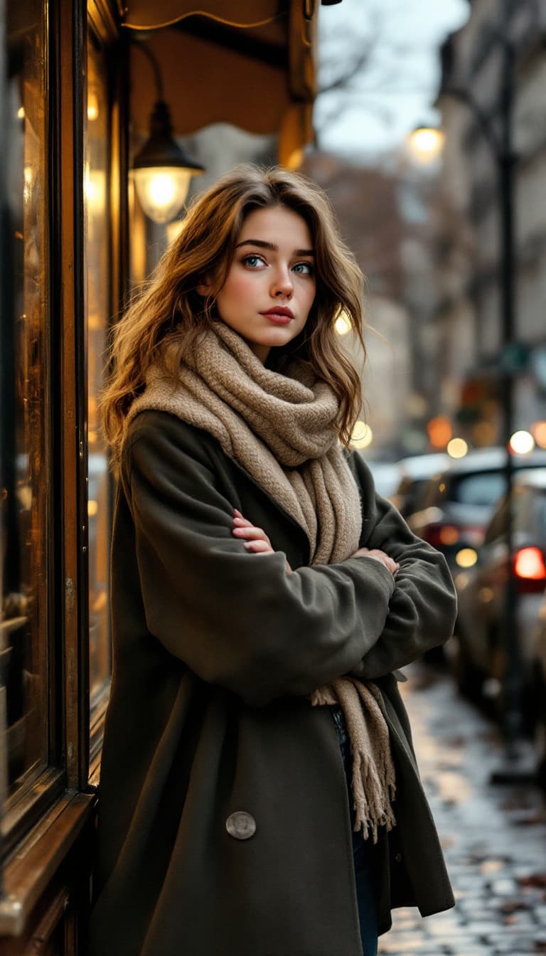 AI generated: The girl is in her early twenties, standing on a bustling European street on a chilly late autumn da...
