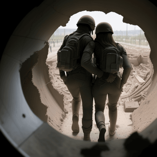 AI generated: Young enough to believe nothing will change them, they step, hand in hand, into the bomb crater. 