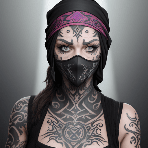 AI generated: verschiedene augenfarben, 8k, masterpice bodytattoo, weiße skimaske, bandana kopfbedeckung, junge fr...