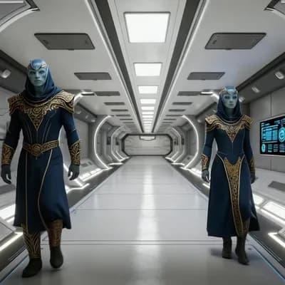 AI generated video: Two regal alien humanoids in deep blue ceremonial uniforms with intricate metallic detailing walk do...