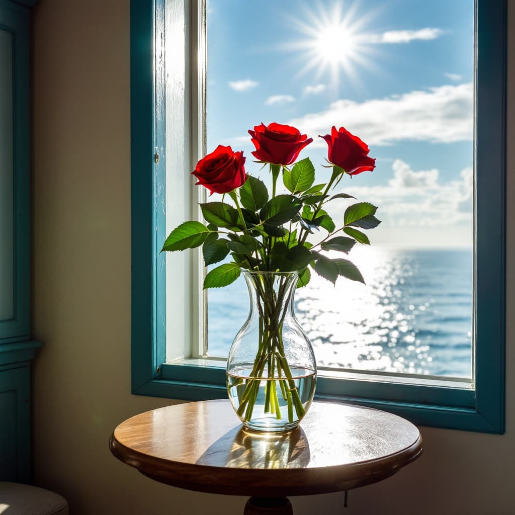 AI generated: A clear vase with Red Roses sits on a table in a small room with a window that views the ocean the s...