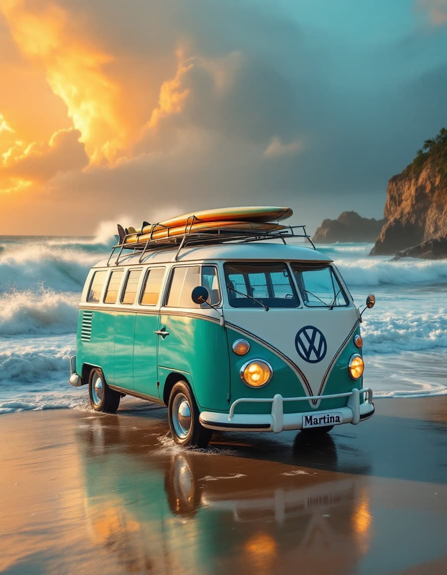 AI generated: A turquoise green  and white vw classic, Samba 23 window bus on a golden sunset beach with ethereal ...