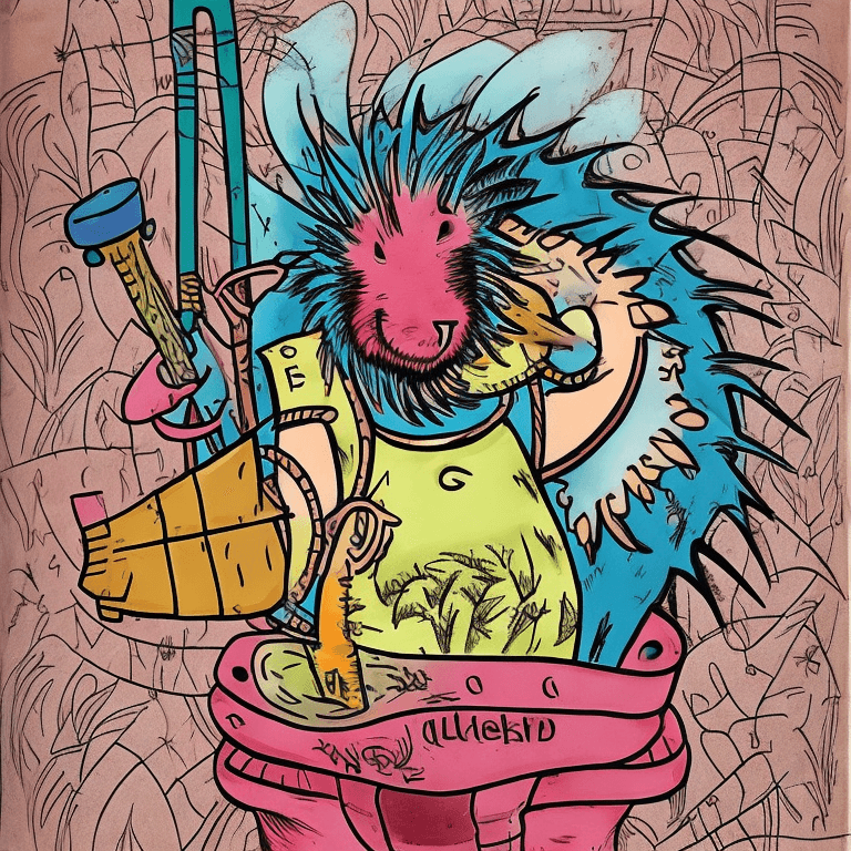 AI generated: A cartoonish and whimsical design,Stupid porcupine with axe and shield,vivid colors, and inked lines