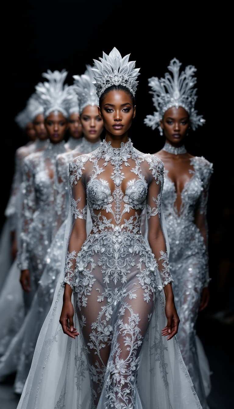 AI generated: 'Image is a high-fashion runway photograph featuring a group of models walking down the catwalk. The...