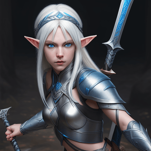 AI generated: malke elf wielding a longsword,  blue eyes, whiteblonde hair. ultra detailed photorealistic, award-w...