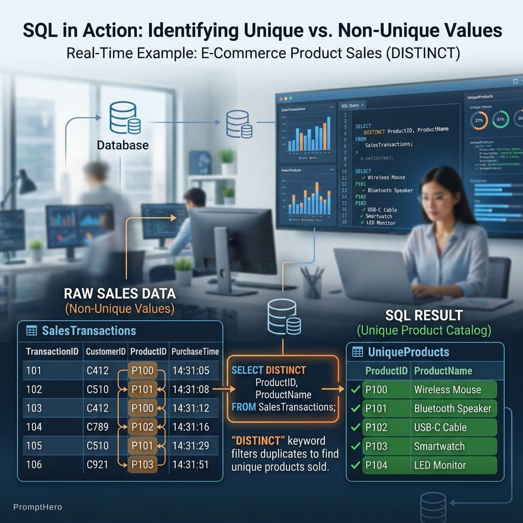AI generated: Generate a image in sql real time exlample I can use in linkedin post unique values and non unique v...