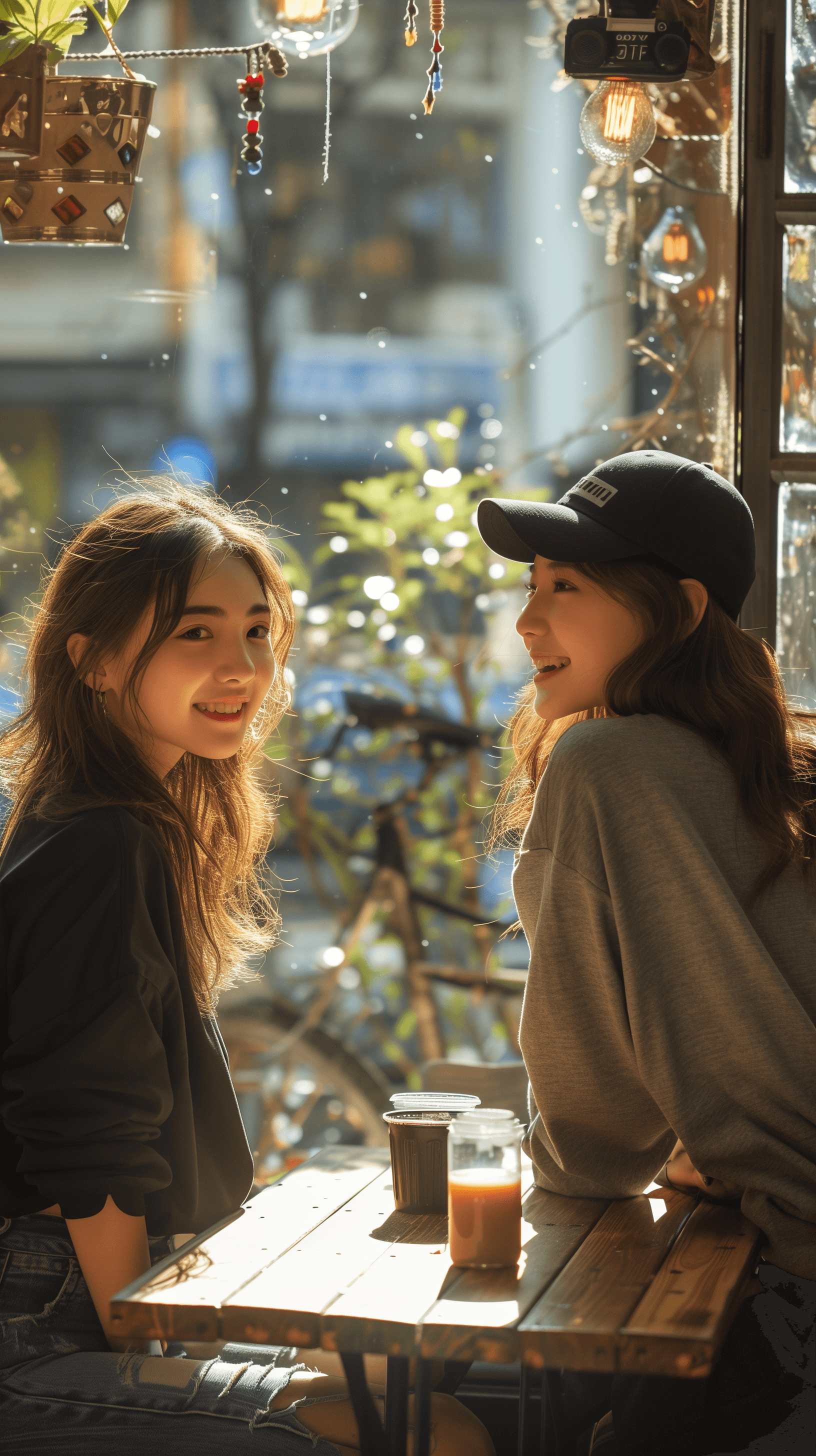 AI generated: photography, snap shot, fashion image, two models sit across from each other at a cafe table, sittin...