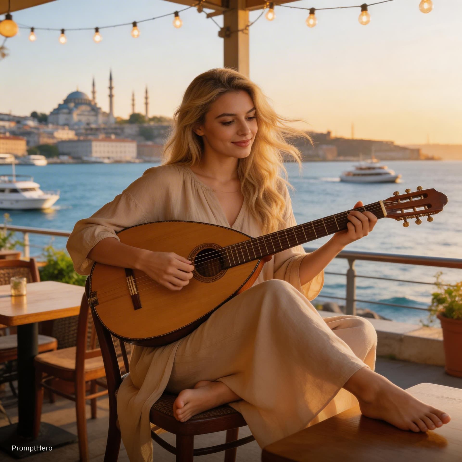 AI generated: A beautiful modern blonde Turkish girl sitting at a seaside cafe by the Bosphorus, playing an ud, he...