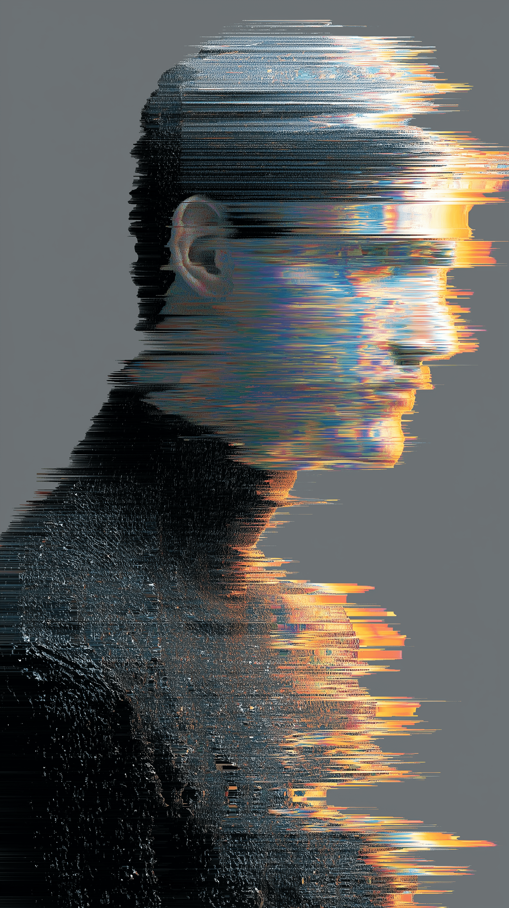 AI generated: glitch portrait, minimalistic of single man silhouette, clearly defined edges, clean minimal aesthet...