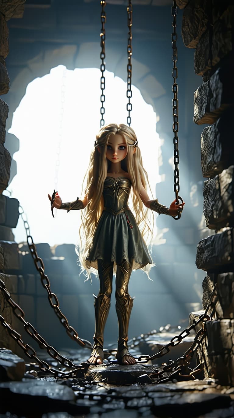AI generated: A photo-realistic image of A beautiful   tween goddess girl long blonde hair, trapped in a dungeon, ...