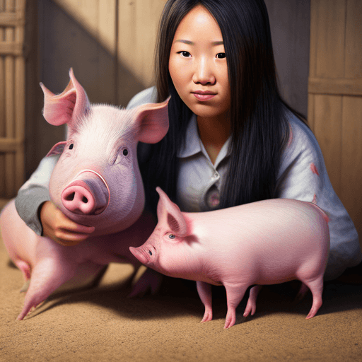 AI generated: A young Asain girl possing with domestic pigs, finely detailed skin, sharp focus, (cinematic lightin...