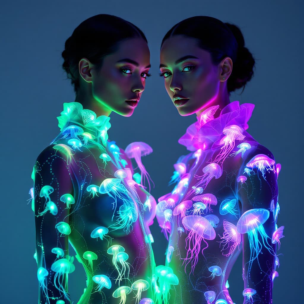 AI generated: A stunning fashion portrait featuring two female,a woman and a woman dressed in striking bioluminesc...