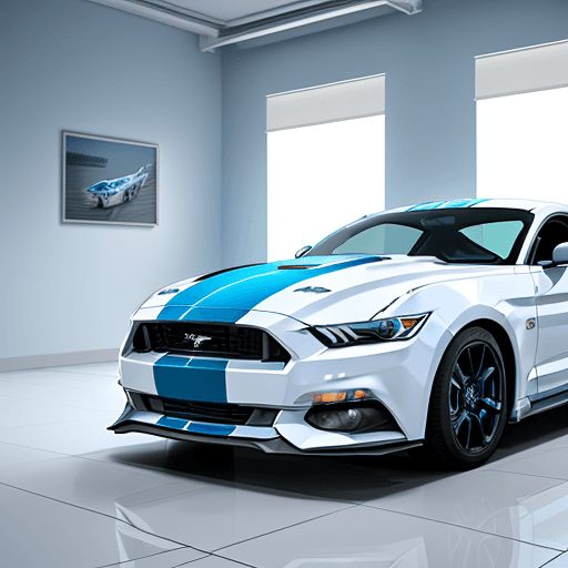 AI generated: All white tile room, ALL BLUE  IMPACT MUSTANG ECOBOOST 2016  BLUE , bright lighting, pastel colors, ...