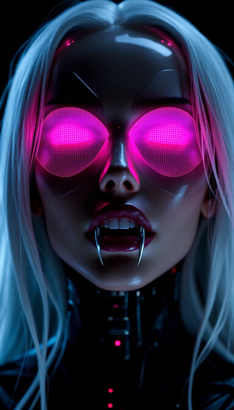 AI generated: robotic woman with long metallic fangs as teeth, with a neon pink holographic screen, long white hai...