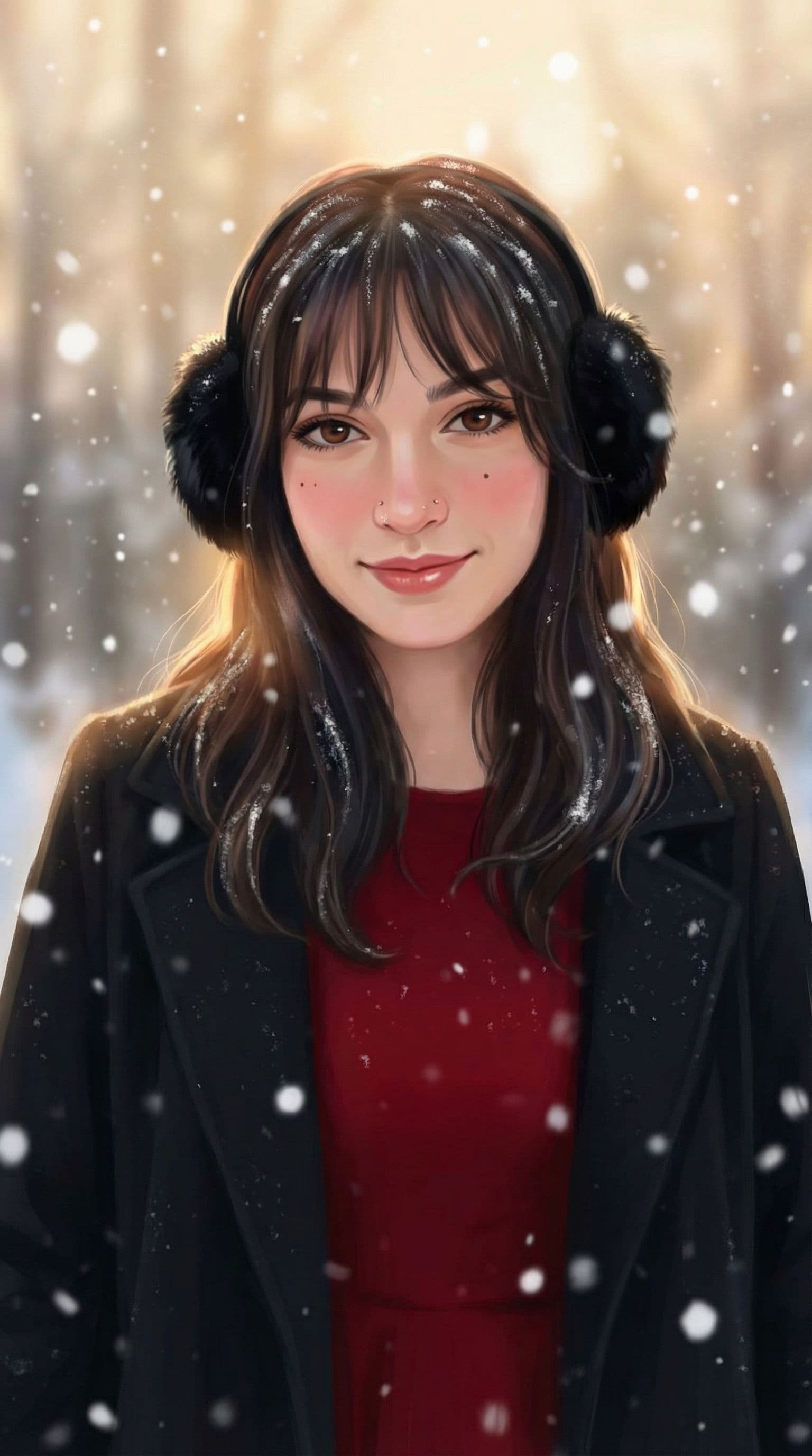 AI generated: Transform this image into a dreamy winter snow moment, keeping the face exactly the same. Give her s...