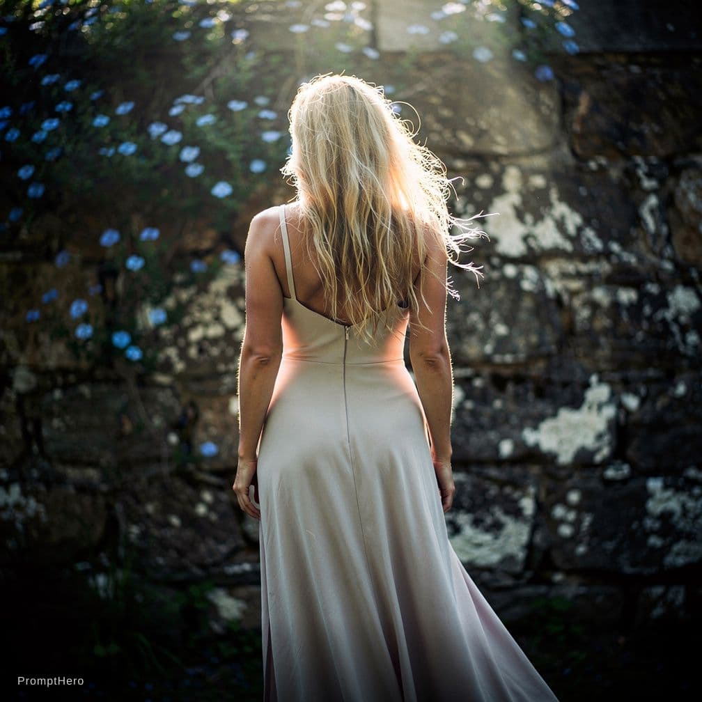 AI generated: standing facing an old stone wall blue flowers, (full length: 1.5) photo of a 30 years old (: 1.5) f...