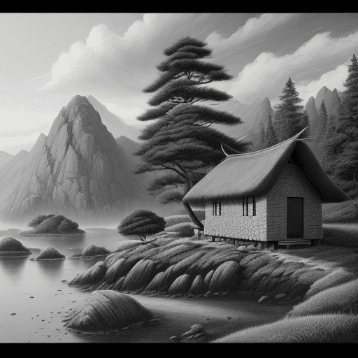 AI generated: Landscape painting, thatched hut, rock, pine tree, black and white, gray
