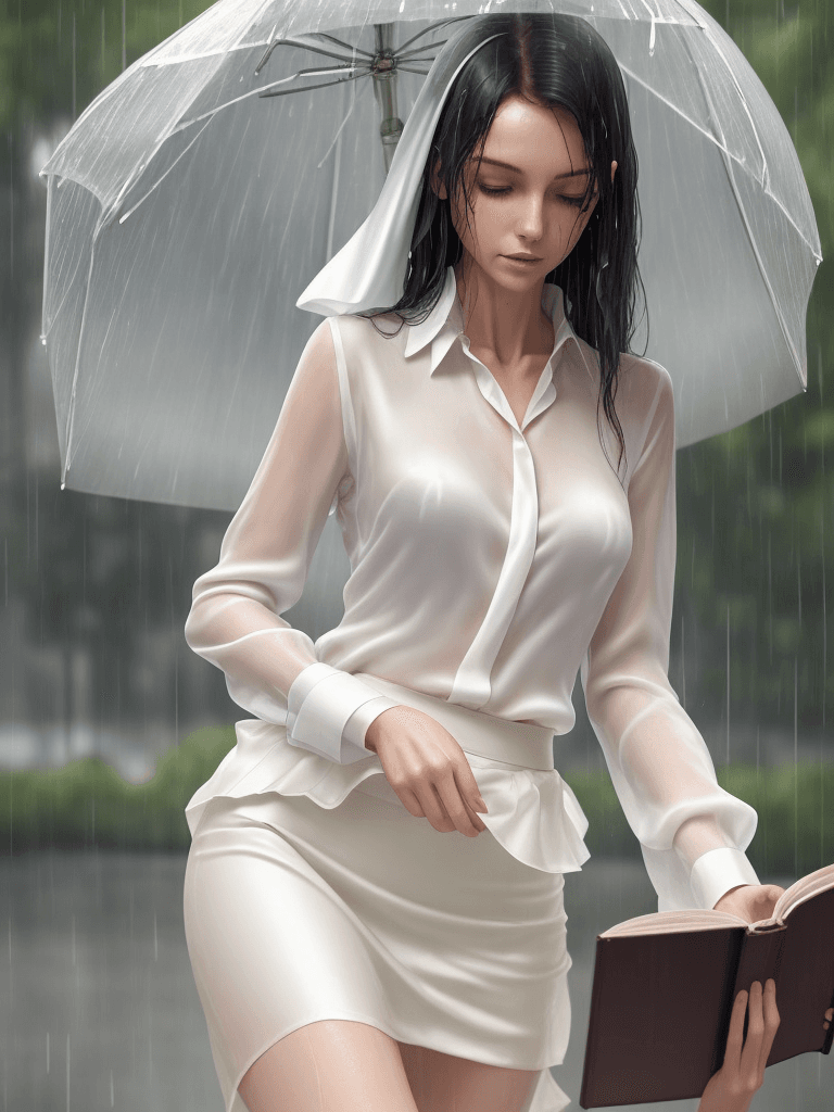 AI generated: a flat skinny woman wearing a wet white silk blouse and wet silk skirt under the rain in a park, she...