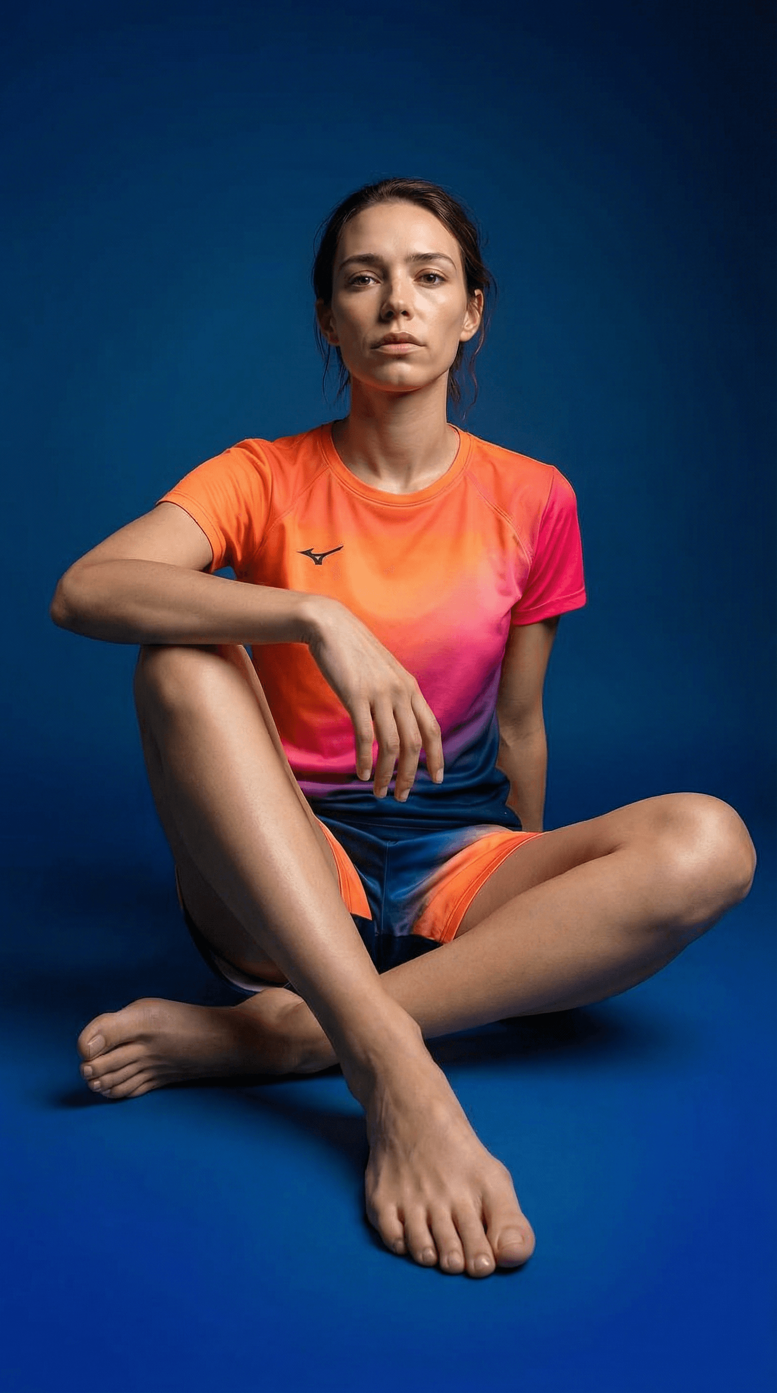 AI generated: wide and low angle, editorial, sport photography for the brand Mizuno. Woman sitting on floor all fi...