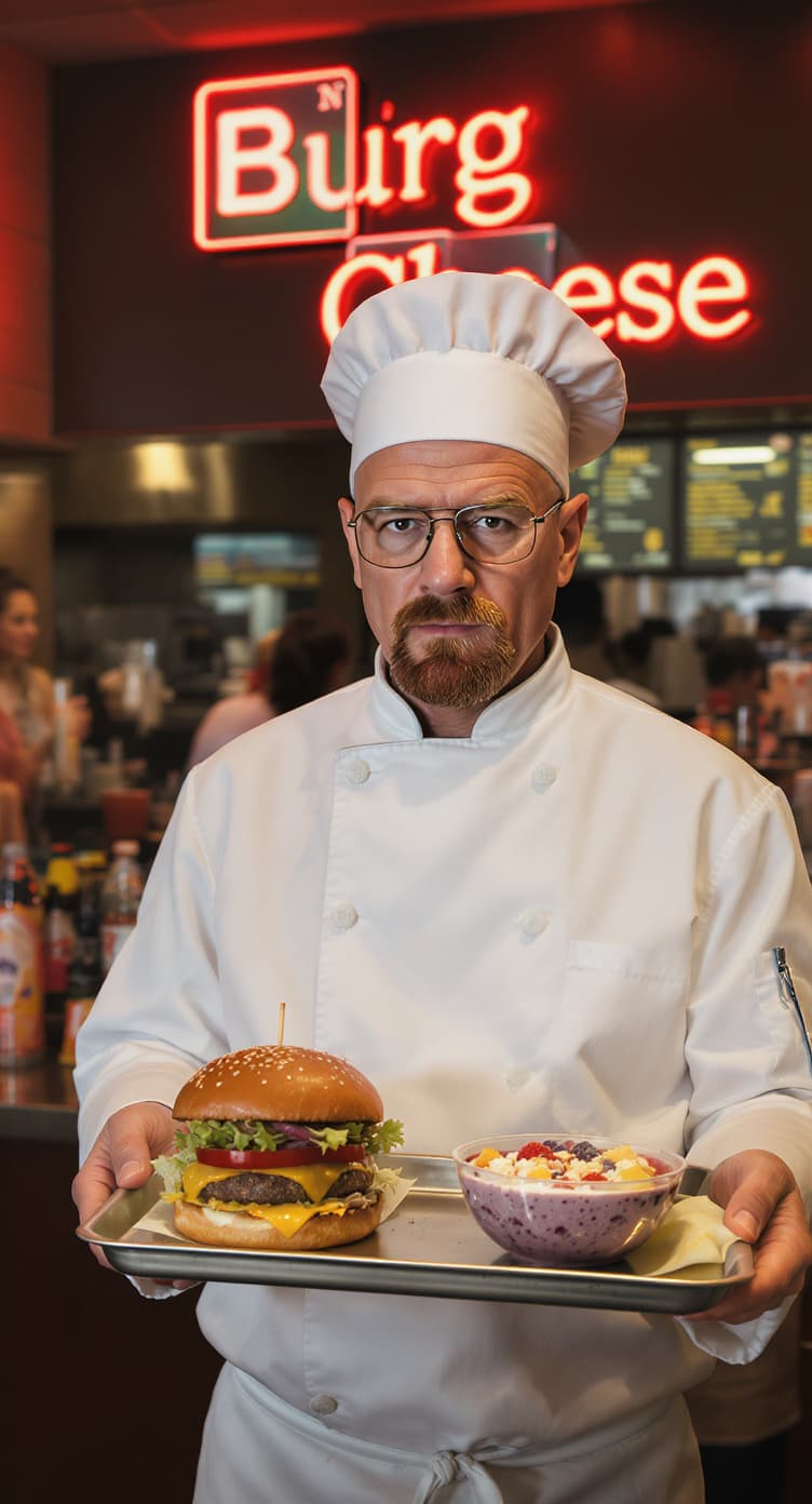 AI generated: (Photorealistic) Walter White from Breaking Bad,with the text "Burg N Cheese" in the same style as t...