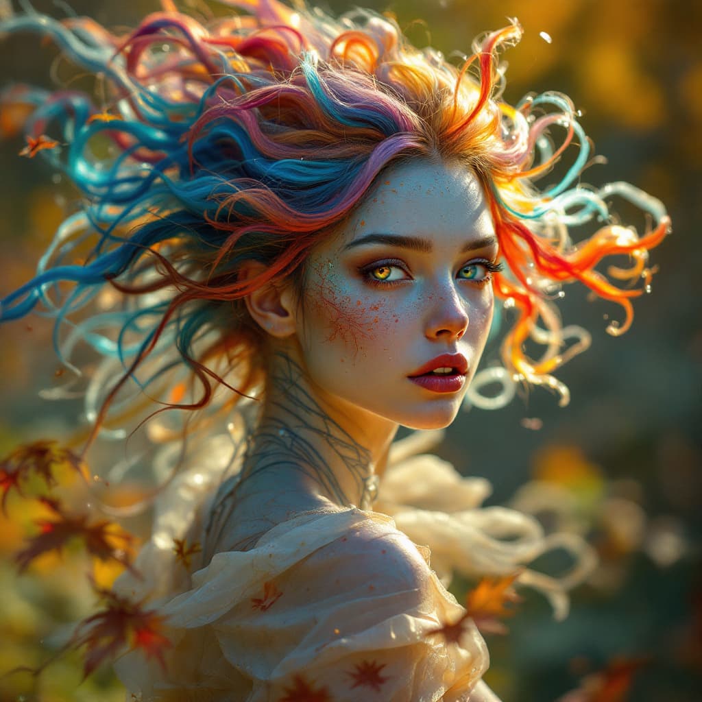 AI generated: beautiful angle view of Species woman individual from another planet with multicolored hair, beautif...