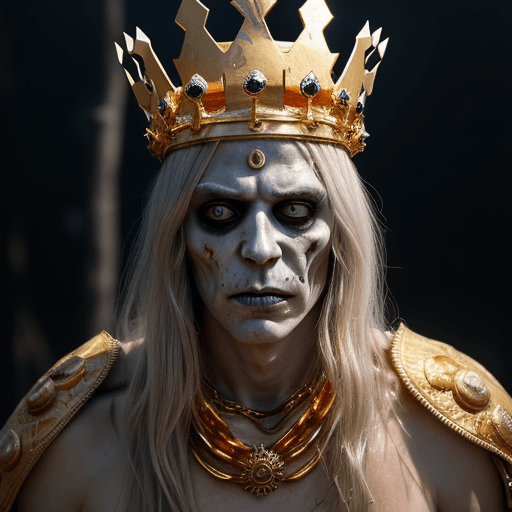 AI generated: Undead king with golden crown and necklaces, golden sunrays headdress, dead white eyes, dead dry ski...