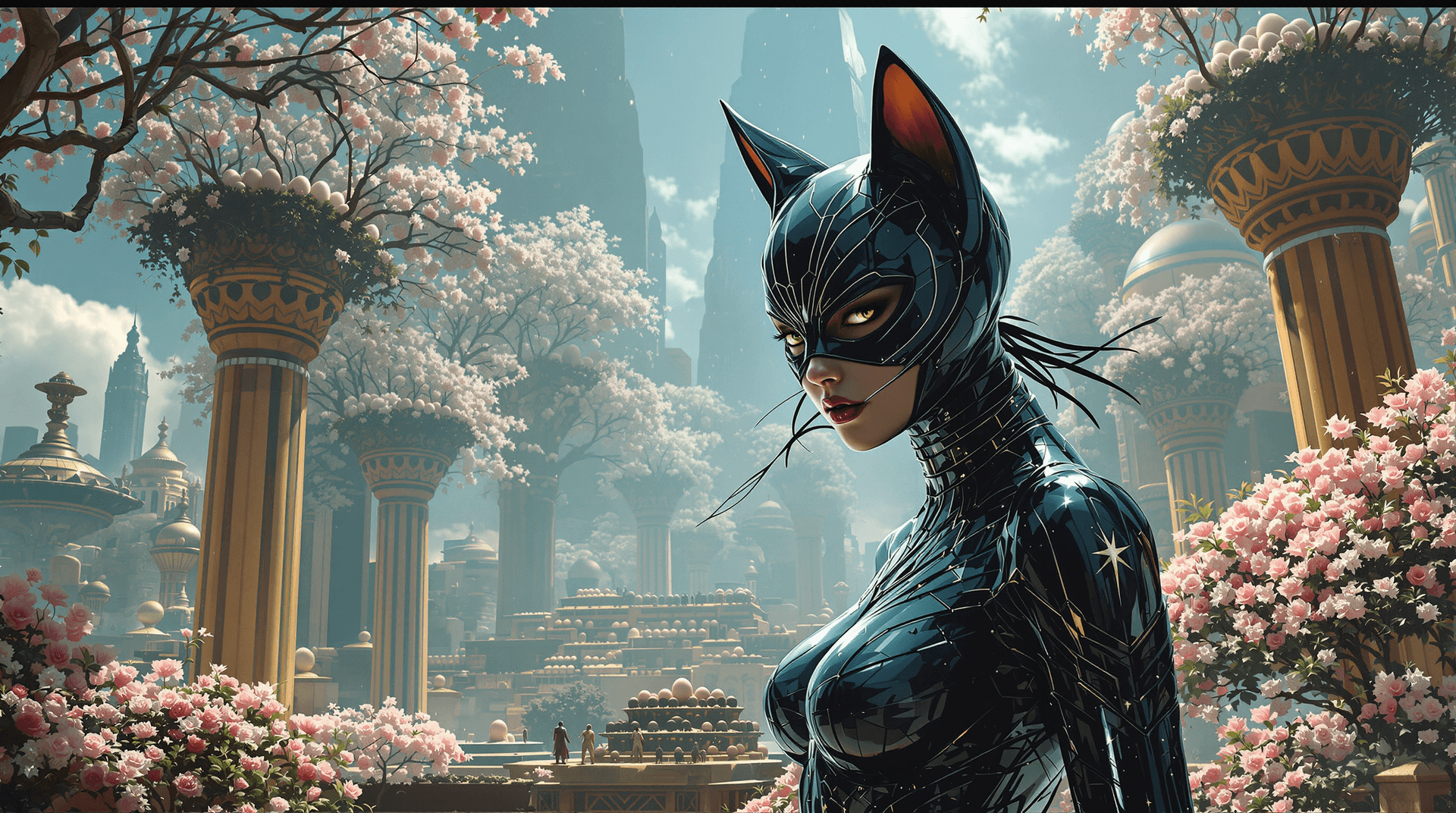 AI generated: Catwoman, poised majestically in a meld of the future and ancient Egyptian city setting, is encircle...