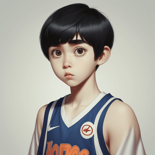 AI generated: pixar like character with cute and modern bowl cut and sharp nose wearing basketball jersey, korean,...