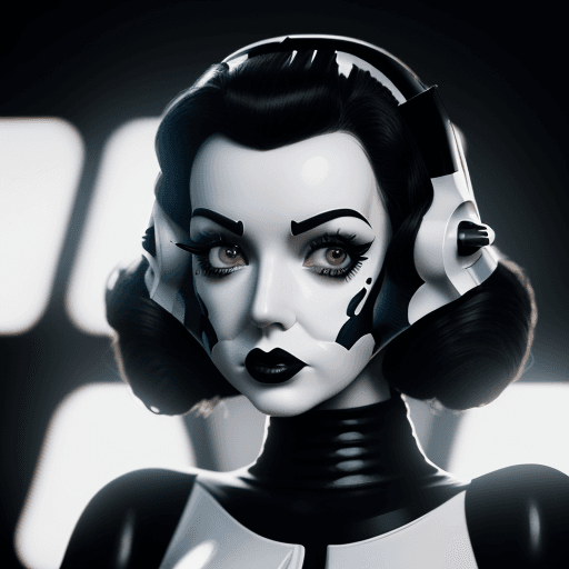 AI generated: 50s hollywood actress woman, dressed as stormtrooper, background: starship, gothic model, alternativ...