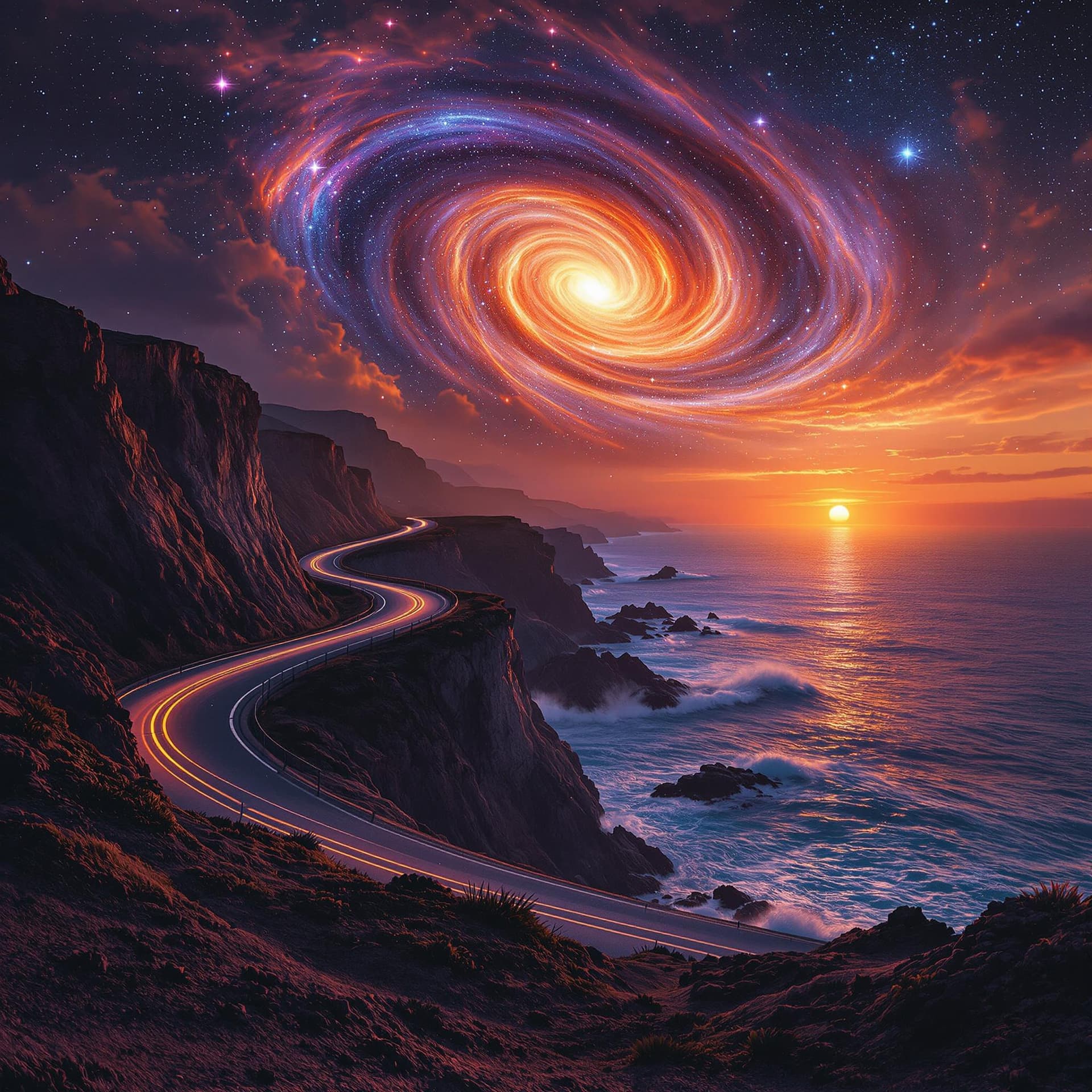 AI generated: a coastal cliffside road at sunset, ocean waves crashing below, glowing spiral galaxy with fiery cor...