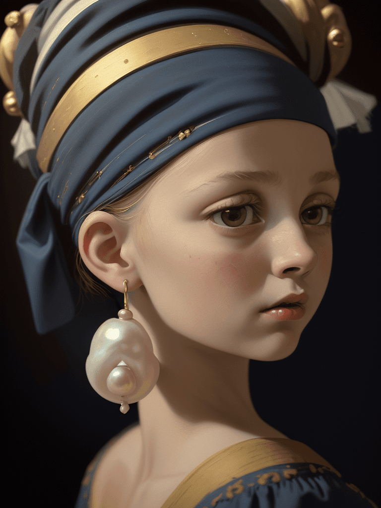 AI generated: girl with pearl earring painting by Vermeer, in the style of appropriation artist, strong facial exp...