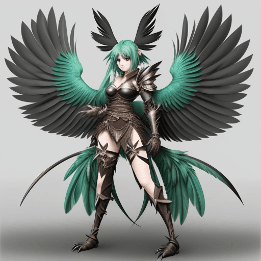AI generated: harpy, bird wings, bird legs, bird tail, claws, leather armor ,anime style, high quality
