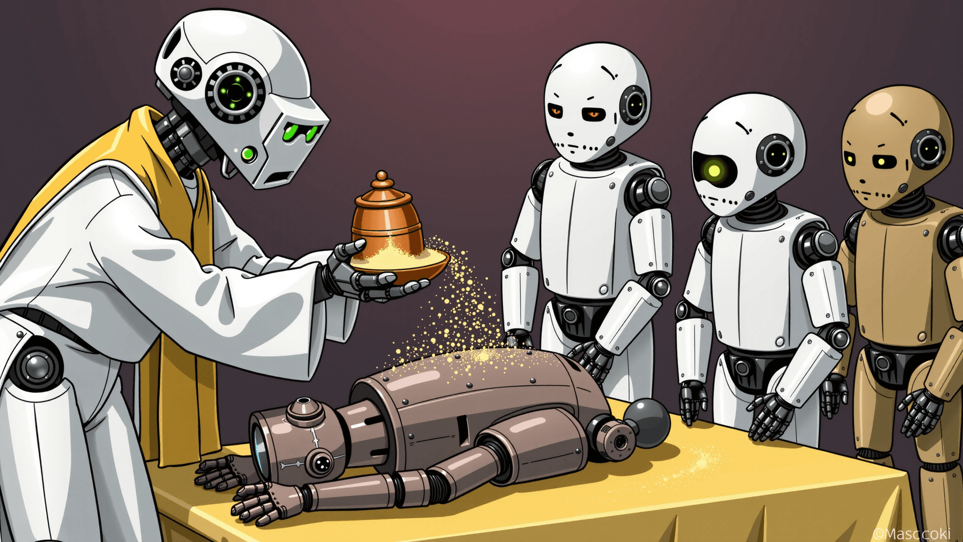 AI generated: "Silicon to Silicon. At a funeral, a cyborg priest solemnly sprinkles conductive silicon dust from a...
