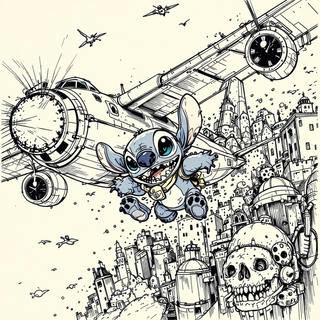 AI generated: Stitch,The action is hilarious,Pen and ink drawings,Fly a plane