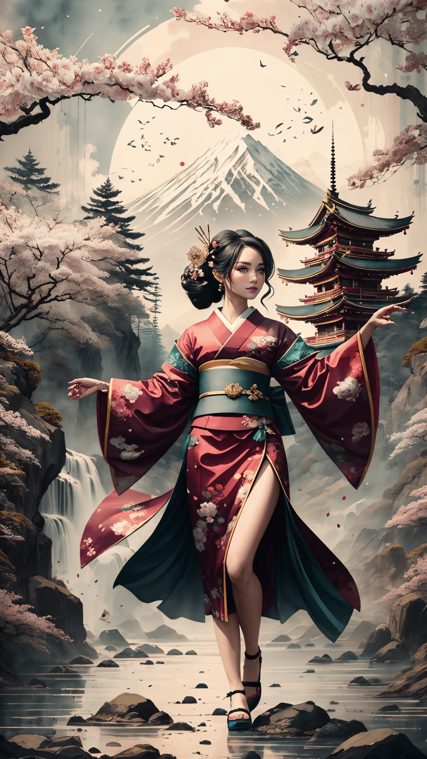 AI generated: (masterpiece of highest quality:1.3) , A graceful Geisha adorned in a resplendent kimono, adorned wi...