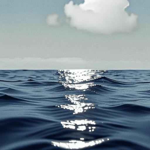 AI generated: view from the water surface of a calm ocean, with a distant horizon and hazy clouds the same colour ...